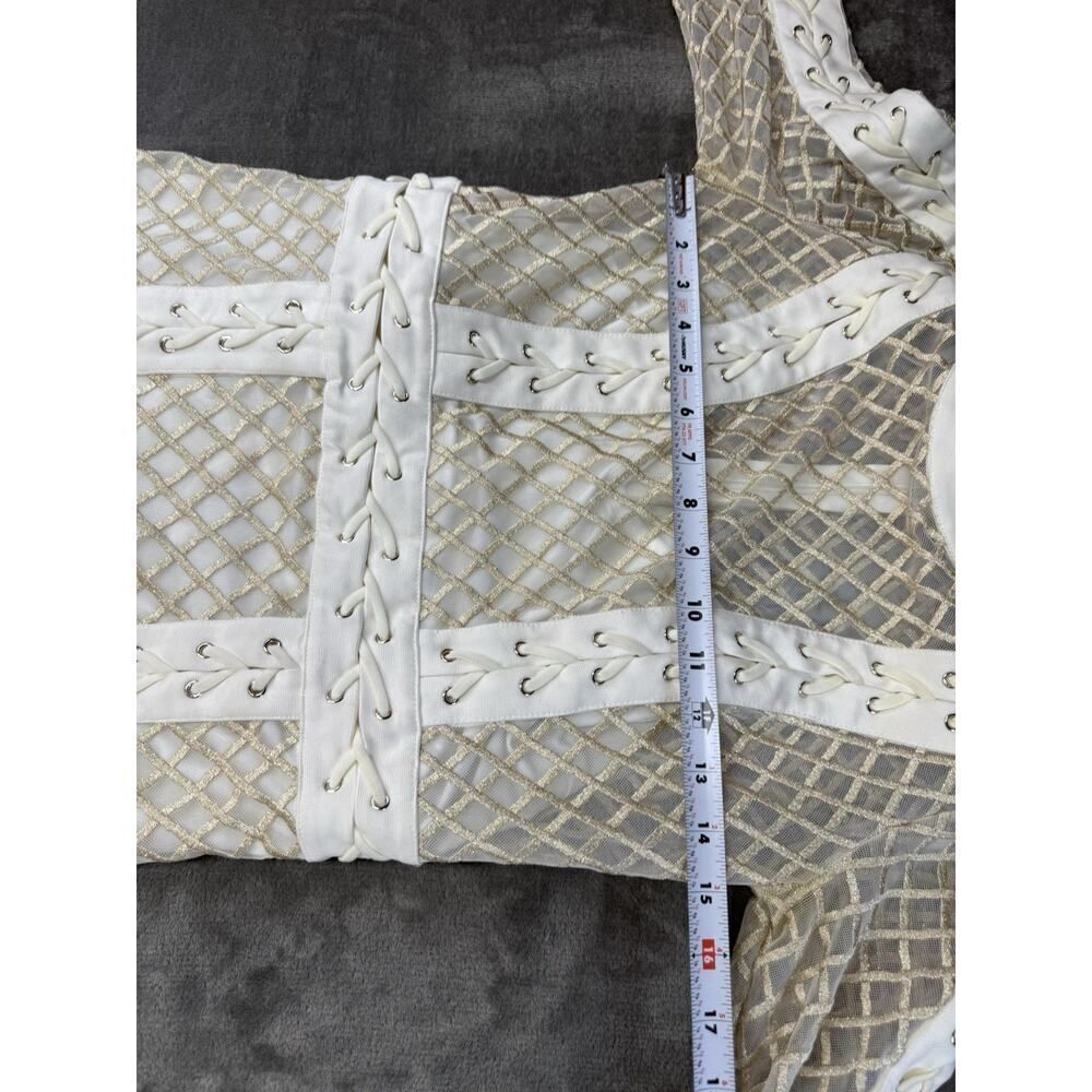 BEBE IVORY METALLIC EMBROIDERED MESH LACE UP DRESS KNEE LENGTH sz 8 - Picture 11 of 16